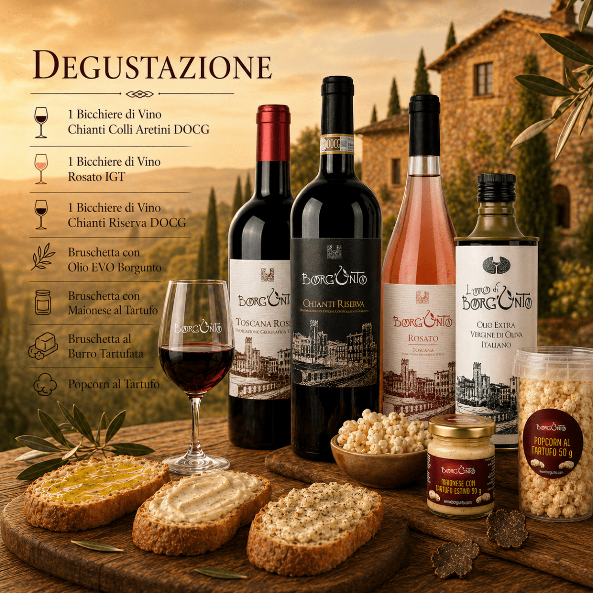 Degustazione Tre Vini, Bruschette EVO, Maionese al Tartufo, Burro Tartufato, Popcorn al Tartufo - Borgunto